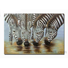 Handmade Zebra Oil Painting Drinking Water